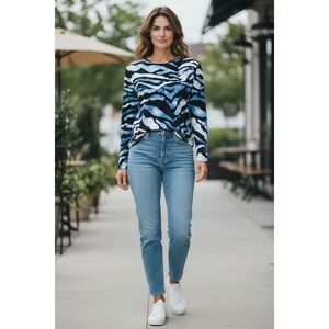 Ciara Sun Woo Abstract Zebra Print Stretch Top Blue Black Batwing Sleeve Size L